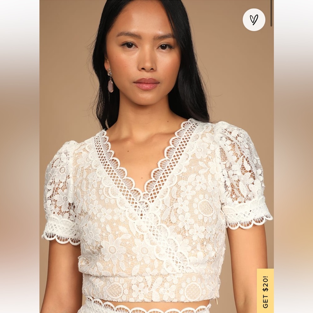 Lulus Always With Grace White Lace Surplice Puff Sleeve Crop Top